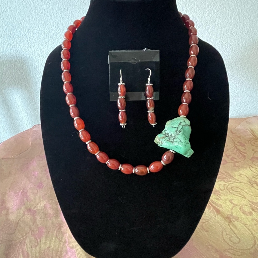Carnelian Bead Necklace & Earrings Sterling Clasp ~Large Turquoise Nugget NWT